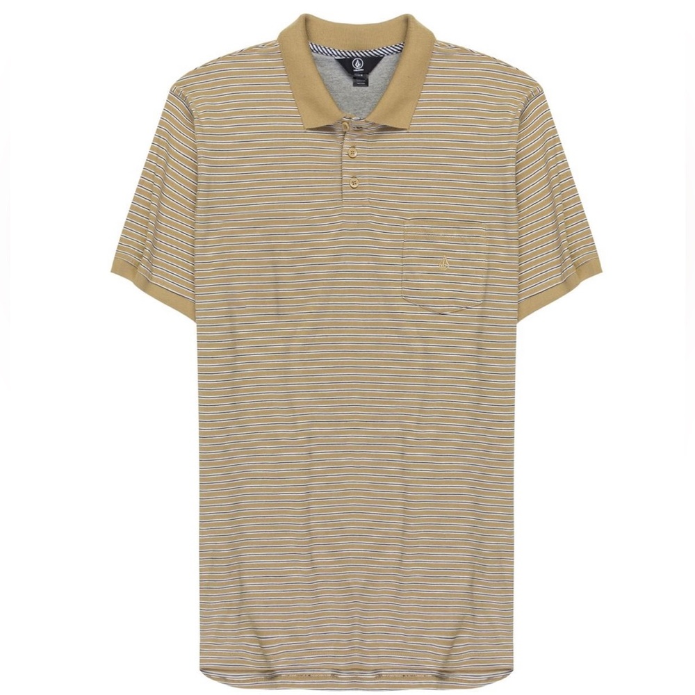 Volcom Wowzer Stripe Cotton Polo Short Sleeve Shirt Men’s Small Tan White